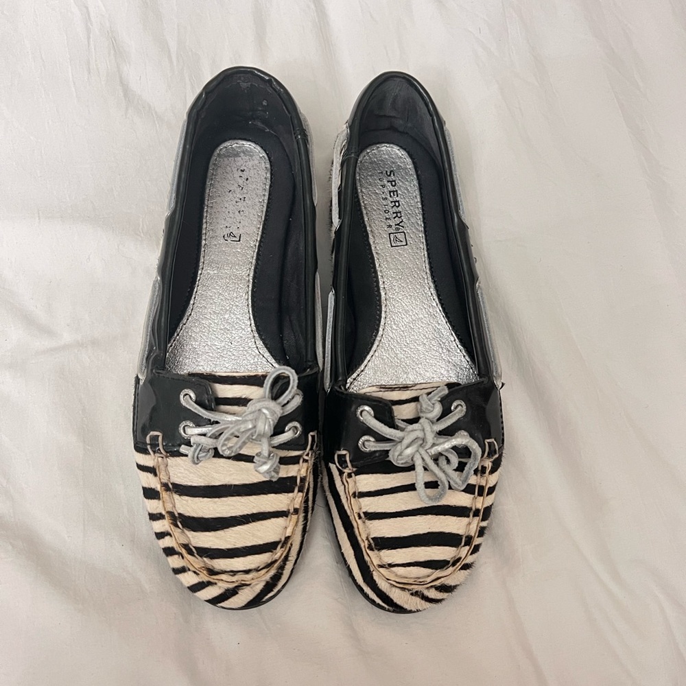 Sperry Audrey zebra print pony hair boat deck shoe loafer 6.5